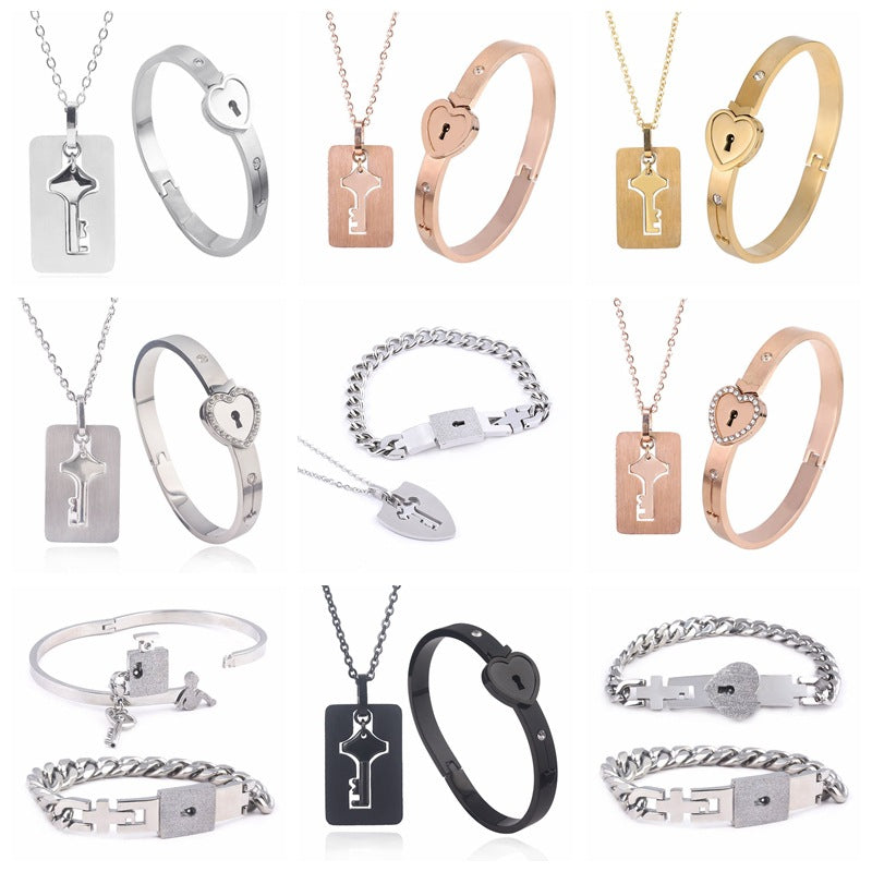 Titanium Love Lock & Key Bracelet Set